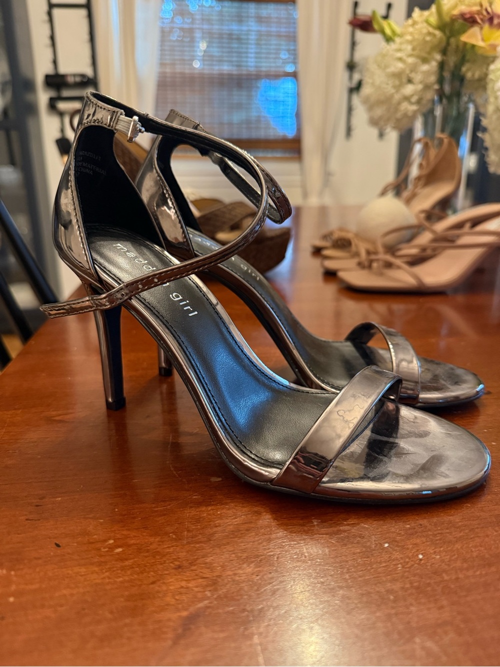 Madden Girl Metallic Pewter Ankle-Strap Stiletto Sandals